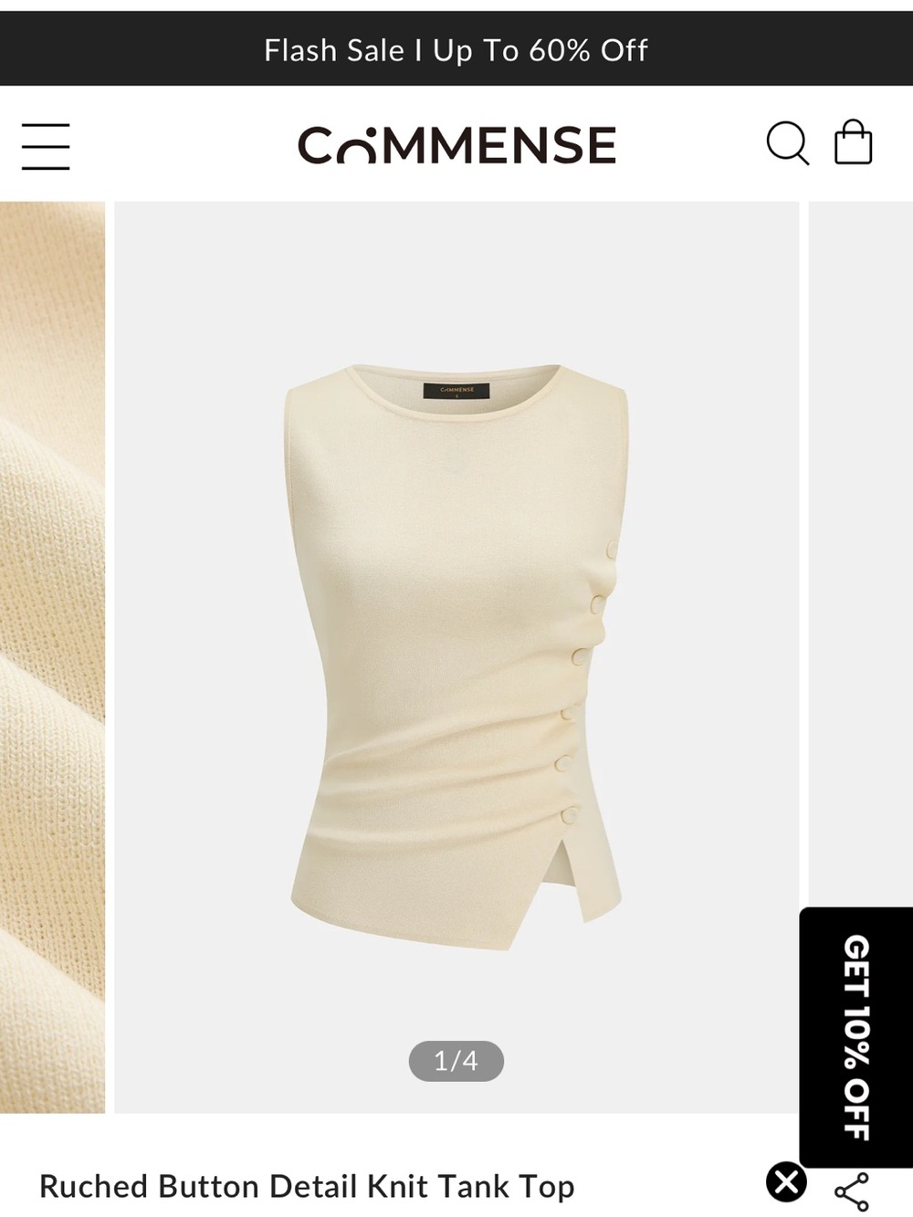 Commense Cream Ruched Side Button Knit Tank
